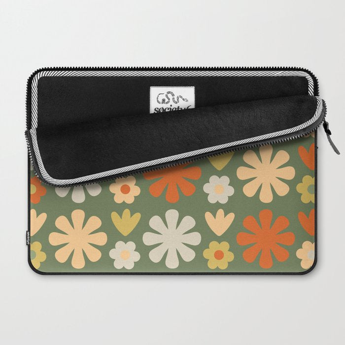 Scandi Floral Grid Retro Flower Pattern in Mossy Olive Green and Orange Laptop Sleeve Gallery Image 2