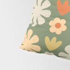 Scandi Floral Grid Retro Flower Pattern in Mossy Olive Green and Orange Pillow Sham Gallery Image 4