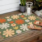 Scandi Floral Grid Retro Flower Pattern in Mossy Olive Green and Orange Outdoor Rug Gallery Image 2