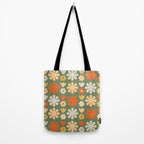 Scandi Floral Grid Retro Flower Pattern in Mossy Olive Green and Orange Tote Bag Gallery Image 2