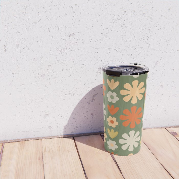 Scandi Floral Grid Retro Flower Pattern in Mossy Olive Green and Orange Travel Mug Gallery Image 4