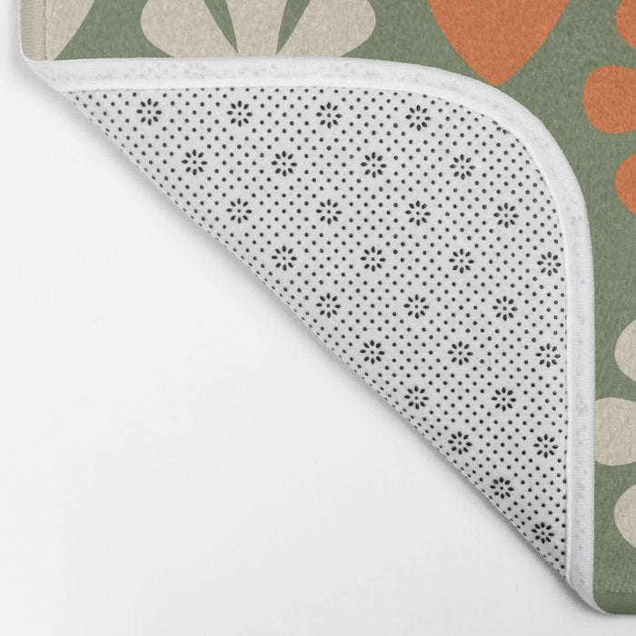 Scandi Floral Grid Retro Flower Pattern in Mossy Olive Green and Orange Bath Mat Gallery Image 2