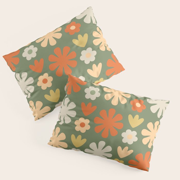 Scandi Floral Grid Retro Flower Pattern in Mossy Olive Green and Orange Pillow Sham Gallery Image 1