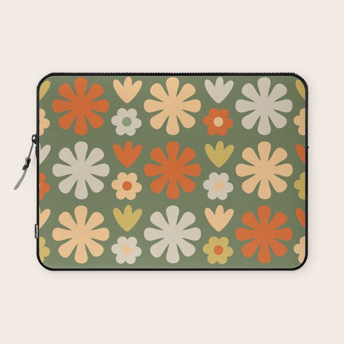 Scandi Floral Grid Retro Flower Pattern in Mossy Olive Green and Orange Laptop Sleeve Gallery Image 1