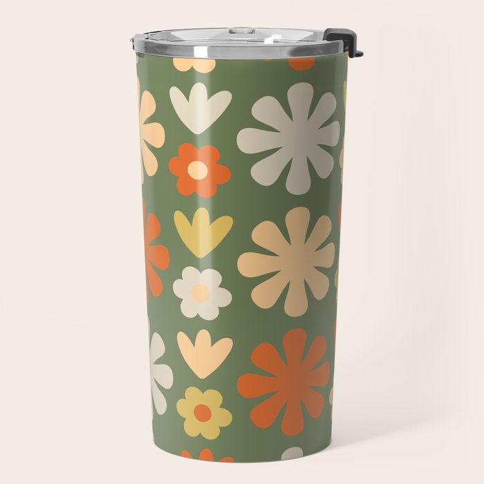 Scandi Floral Grid Retro Flower Pattern in Mossy Olive Green and Orange Travel Mug Gallery Image 2