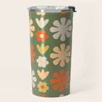 Scandi Floral Grid Retro Flower Pattern in Mossy Olive Green and Orange Travel Mug Gallery Image 2