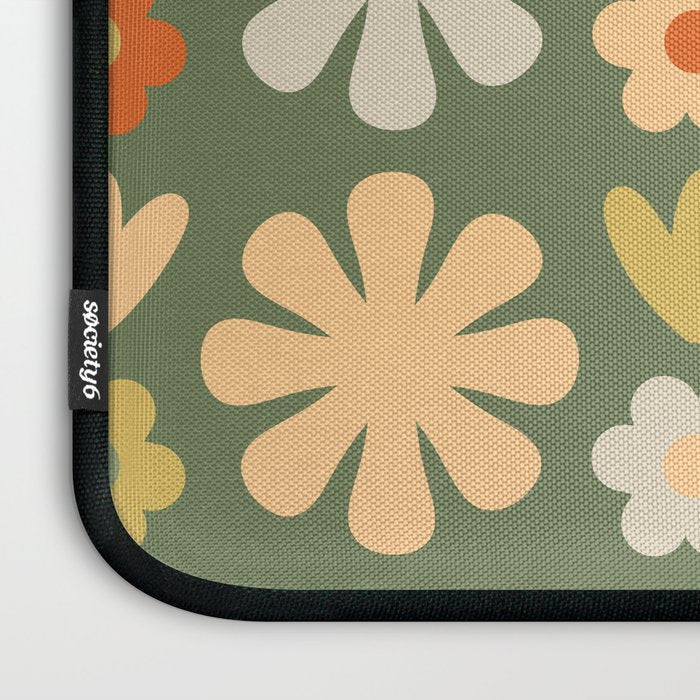 Scandi Floral Grid Retro Flower Pattern in Mossy Olive Green and Orange Laptop Sleeve Gallery Image 3