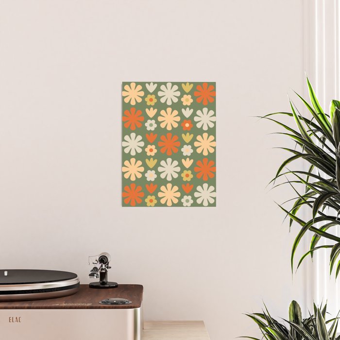 Scandi Floral Grid Retro Flower Pattern in Mossy Olive Green and Orange Poster Gallery Image 2