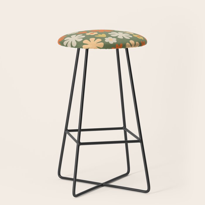 Scandi Floral Grid Retro Flower Pattern in Mossy Olive Green and Orange Stool Gallery Image 1