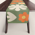 Scandi Floral Grid Retro Flower Pattern in Mossy Olive Green and Orange Table Runner Gallery Image 1