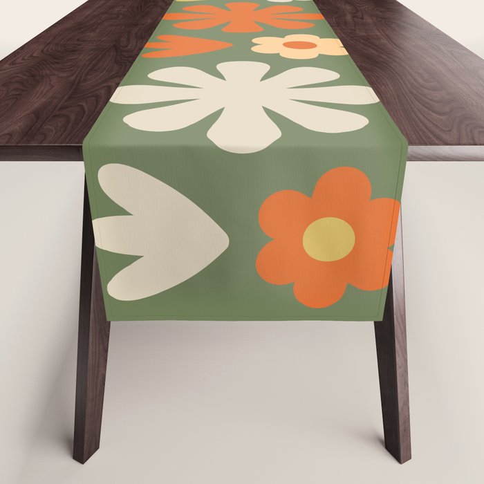 Scandi Floral Grid Retro Flower Pattern in Mossy Olive Green and Orange Table Runner Gallery Image 1