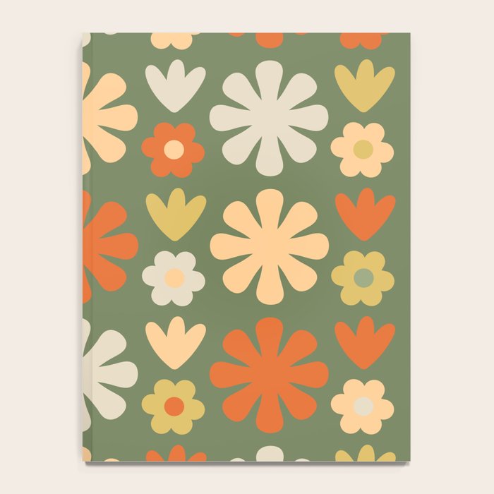 Scandi Floral Grid Retro Flower Pattern in Mossy Olive Green and Orange Notebook Gallery Image 4