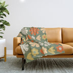 Scandi Floral Grid Retro Flower Pattern in Mossy Olive Green and Orange Throw Blanket Gallery Image 1