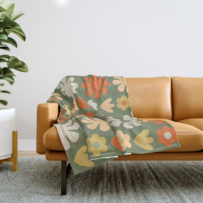 Scandi Floral Grid Retro Flower Pattern in Mossy Olive Green and Orange Throw Blanket Gallery Image 1