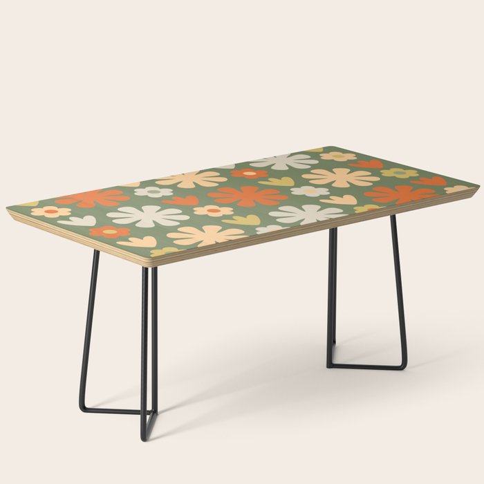 Scandi Floral Grid Retro Flower Pattern in Mossy Olive Green and Orange Coffee Table Gallery Image 1