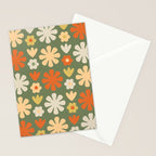 Scandi Floral Grid Retro Flower Pattern in Mossy Olive Green and Orange Stationery Card Gallery Image 2