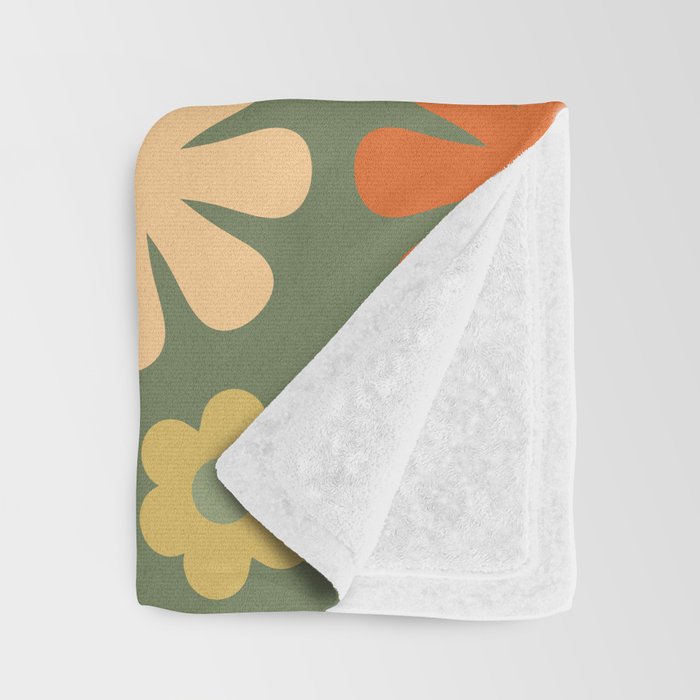 Scandi Floral Grid Retro Flower Pattern in Mossy Olive Green and Orange Throw Blanket Gallery Image 3