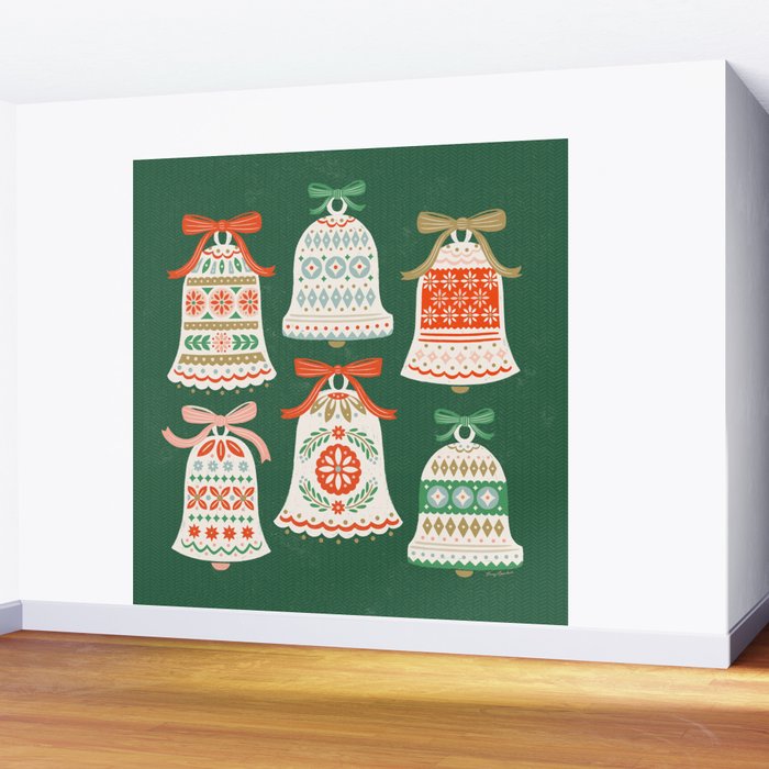 Folk Art Holiday Bells - Forest Green Wall Mural Gallery Image 2