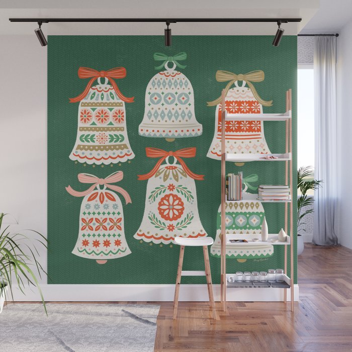 Folk Art Holiday Bells - Forest Green Wall Mural Gallery Image 1