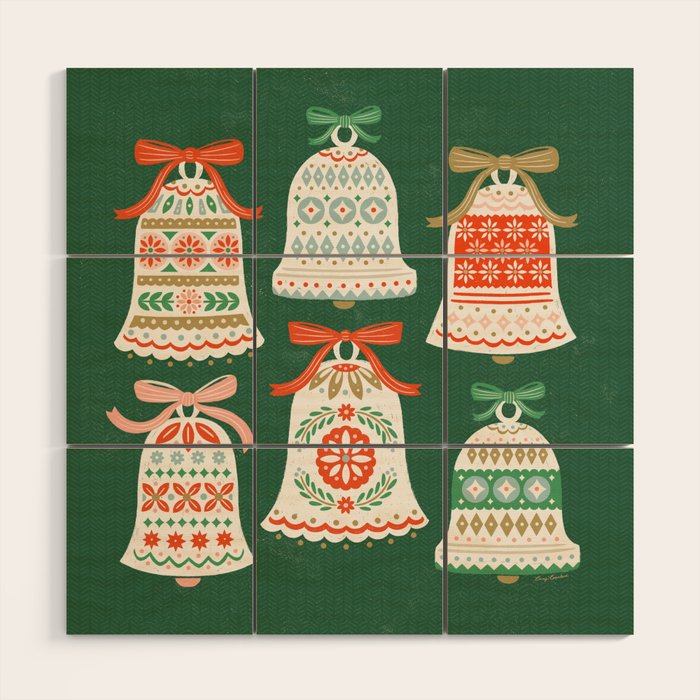 Folk Art Holiday Bells - Forest Green Wood Wall Art Gallery Image 3