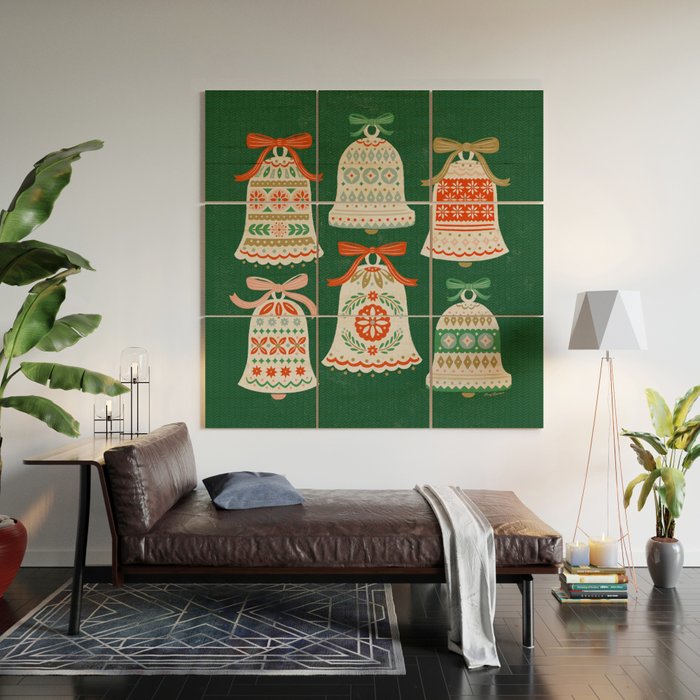 Folk Art Holiday Bells - Forest Green Wood Wall Art Gallery Image 2