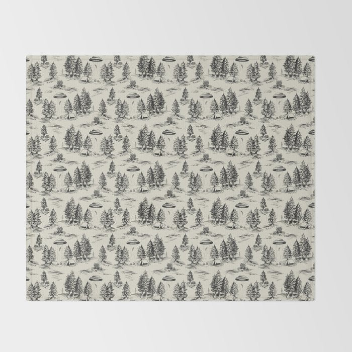 Black Alien Abduction Toile De Jouy Pattern Throw Blanket Gallery Image 2