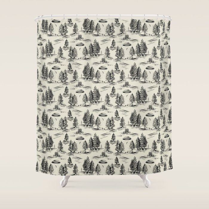 Black Alien Abduction Toile De Jouy Pattern Shower Curtain Gallery Image 1