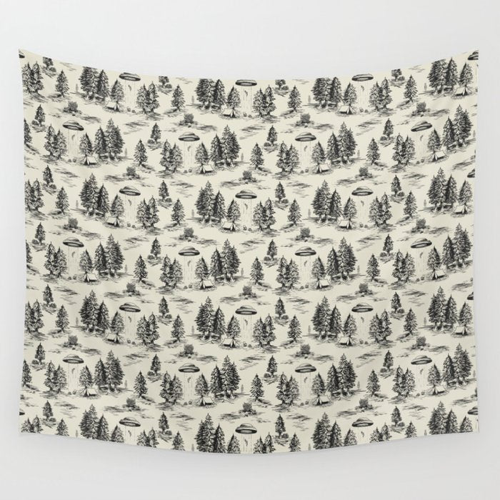 Black Alien Abduction Toile De Jouy Pattern Wall Tapestry Gallery Image 1