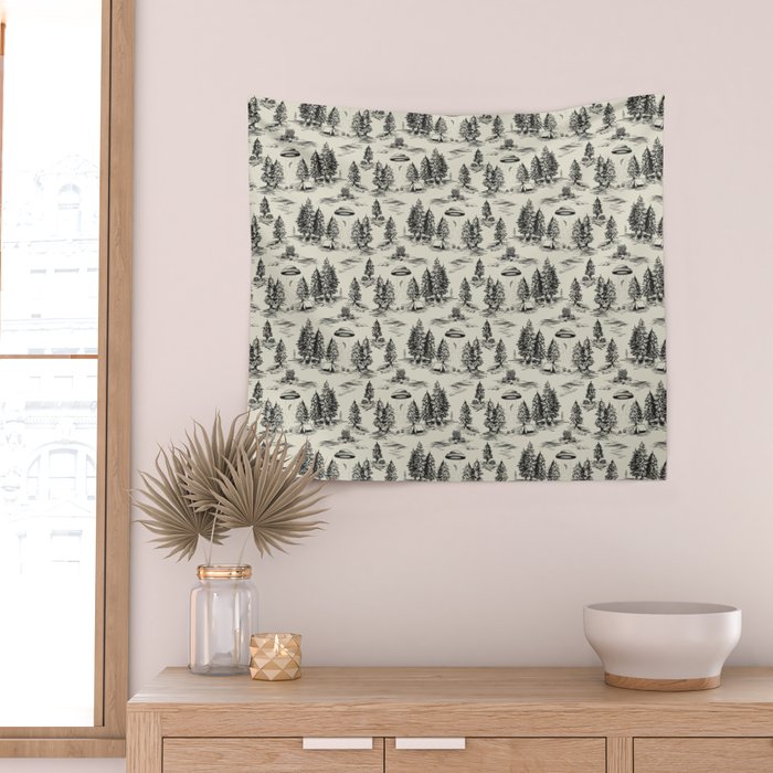 Black Alien Abduction Toile De Jouy Pattern Wall Tapestry Gallery Image 2