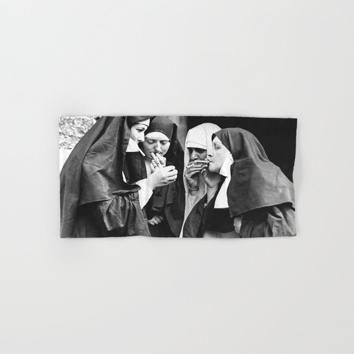 Smoking Nuns, Black and White, Vintage Wall Art Bath Towel Gallery Image 1
