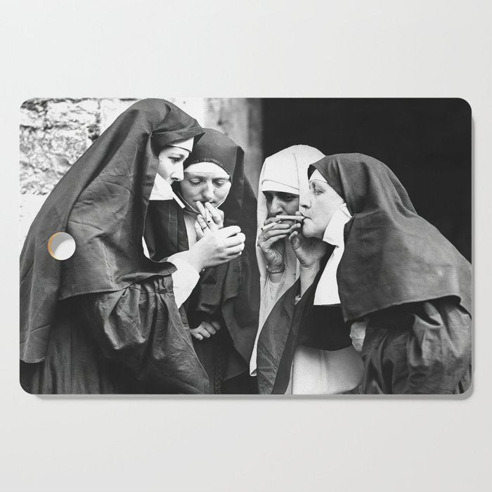 Smoking Nuns, Black and White, Vintage Wall Art Cutting Board Gallery Image 1