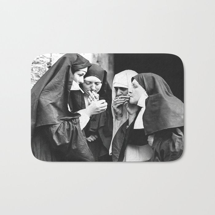 Smoking Nuns, Black and White, Vintage Wall Art Bath Mat Gallery Image 1