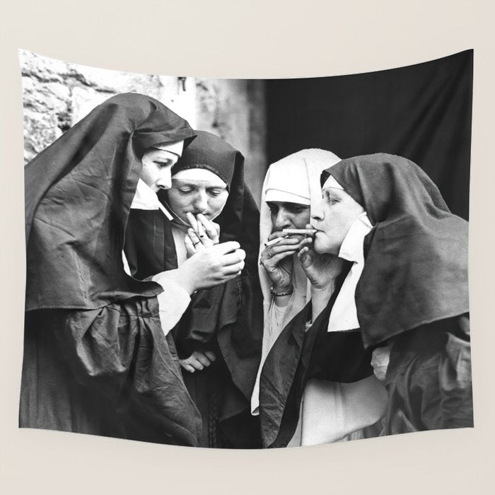 Smoking Nuns, Black and White, Vintage Wall Art Wall Tapestry Gallery Image 1