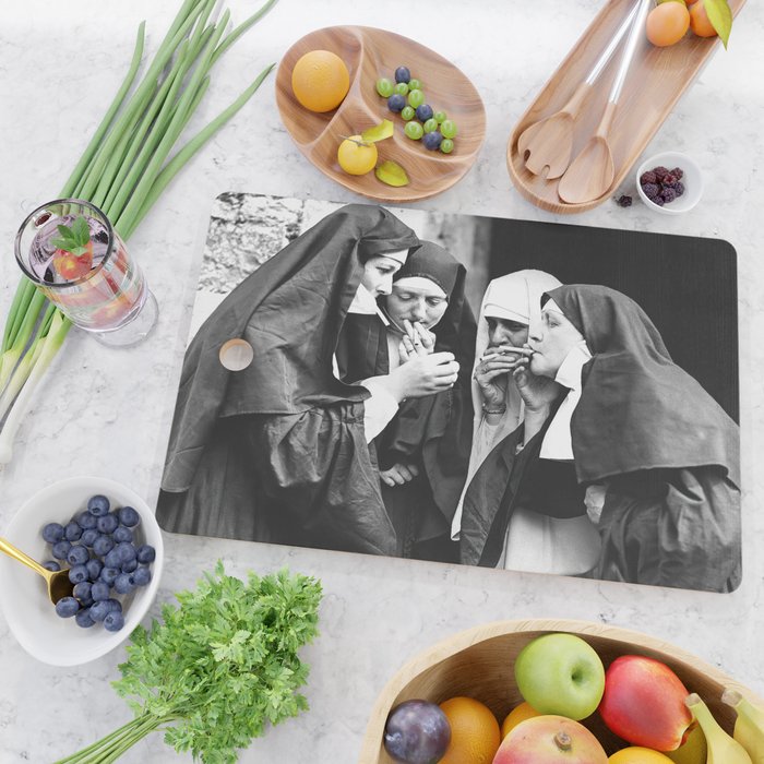 Smoking Nuns, Black and White, Vintage Wall Art Cutting Board Gallery Image 2