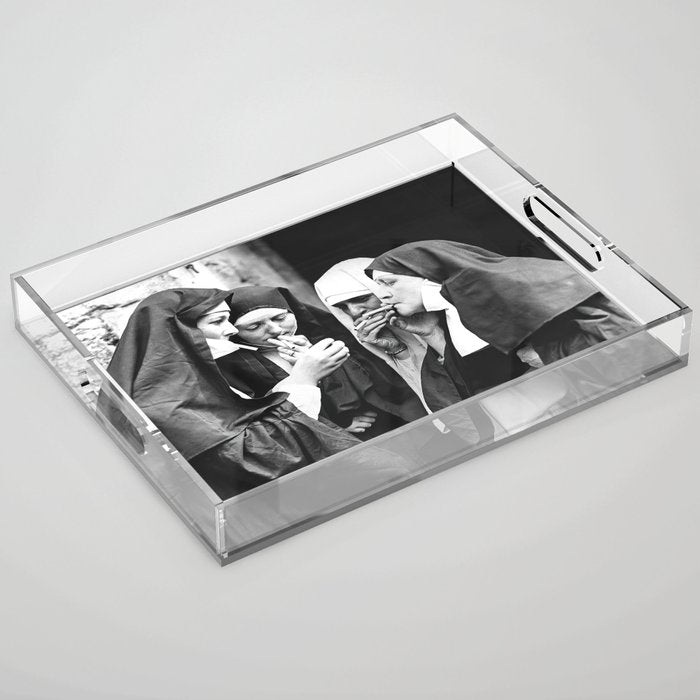 Smoking Nuns, Black and White, Vintage Wall Art Acrylic Tray Gallery Image 1