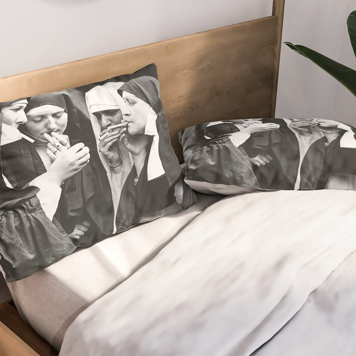Smoking Nuns, Black and White, Vintage Wall Art Pillow Sham Gallery Image 2