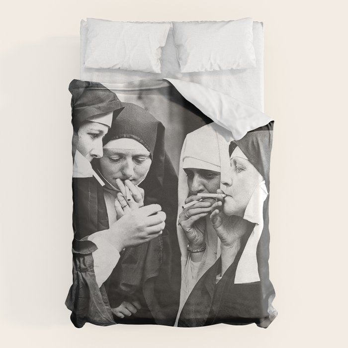 Smoking Nuns, Black and White, Vintage Wall Art Duvet Cover Gallery Image 6