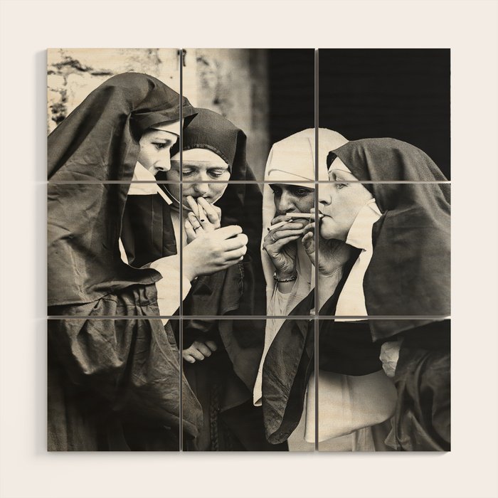Smoking Nuns, Black and White, Vintage Wall Art Wood Wall Art Gallery Image 1