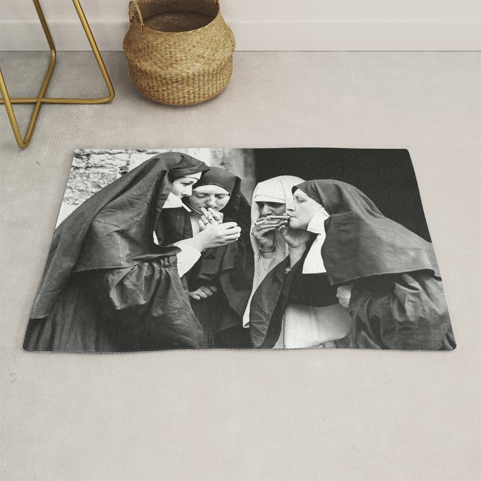 Smoking Nuns, Black and White, Vintage Wall Art Rug Gallery Image 1