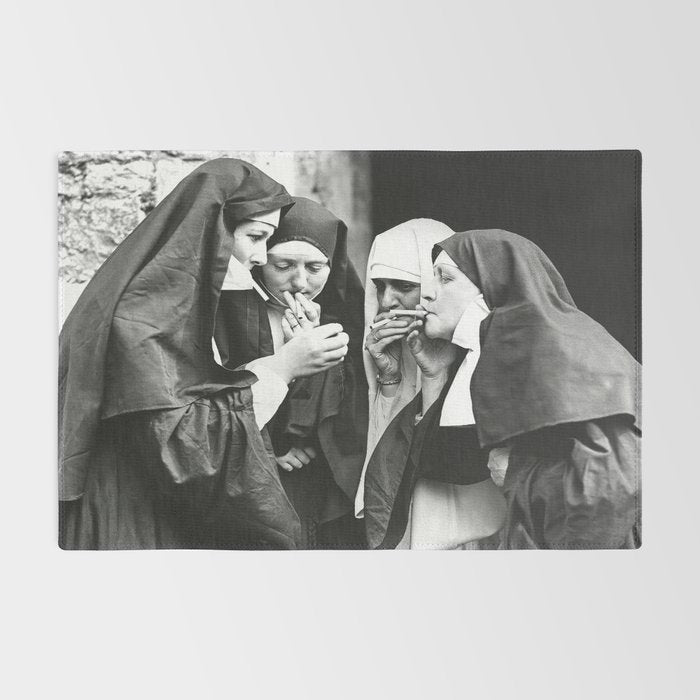 Smoking Nuns, Black and White, Vintage Wall Art Rug Gallery Image 2