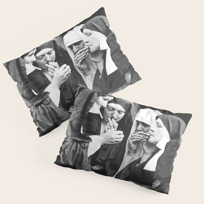 Smoking Nuns, Black and White, Vintage Wall Art Pillow Sham Gallery Image 3