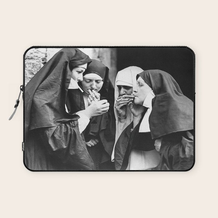 Smoking Nuns, Black and White, Vintage Wall Art Laptop Sleeve Gallery Image 1