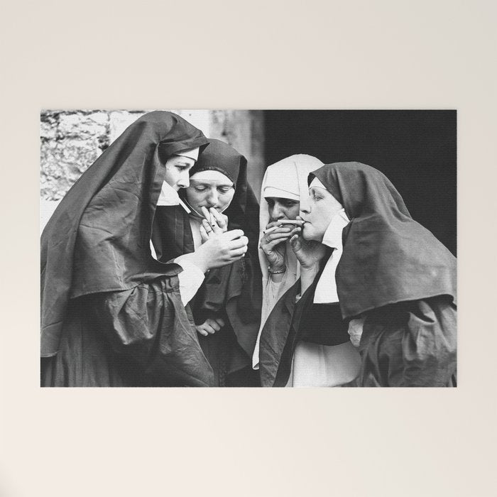 Smoking Nuns, Black and White, Vintage Wall Art Welcome Mat Gallery Image 1