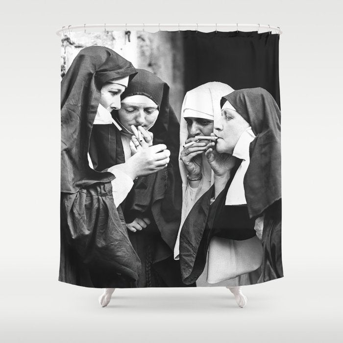 Smoking Nuns, Black and White, Vintage Wall Art Shower Curtain Gallery Image 1