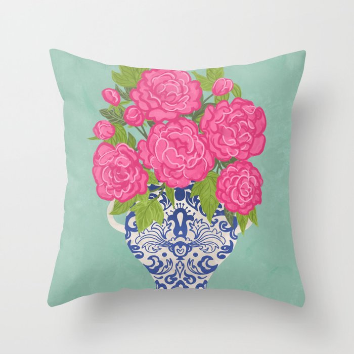 Pink Peonies in Ginger Jar Vase Throw Pillow Gallery Image 6