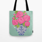 Pink Peonies in Ginger Jar Vase Tote Bag Gallery Image 1