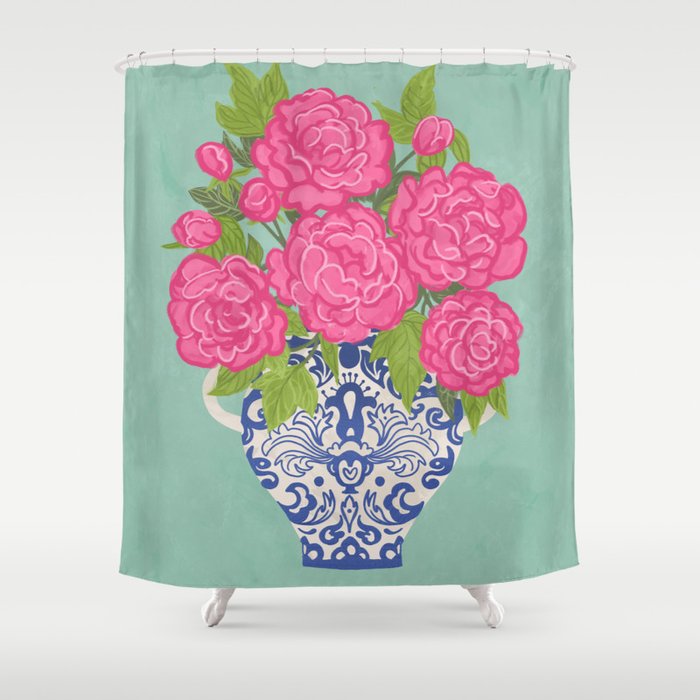 Pink Peonies in Ginger Jar Vase Shower Curtain Gallery Image 1