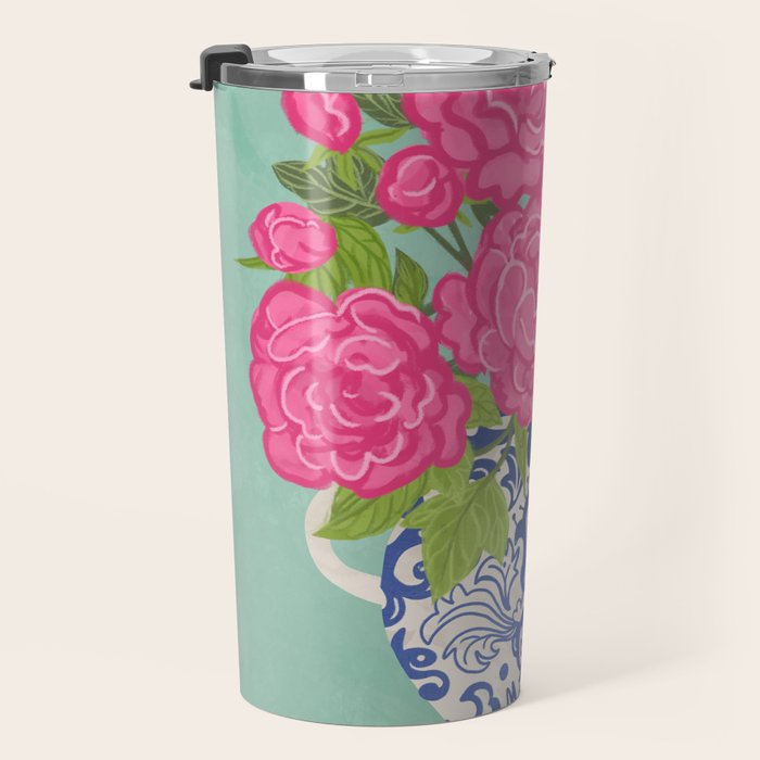 Pink Peonies in Ginger Jar Vase Travel Mug Gallery Image 3