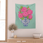 Pink Peonies in Ginger Jar Vase Wall Tapestry Gallery Image 2