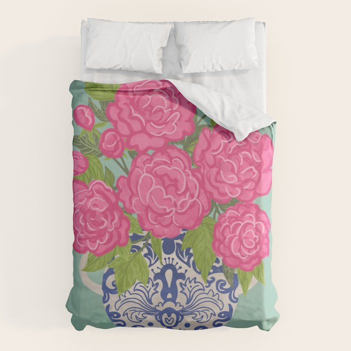 Pink Peonies in Ginger Jar Vase Duvet Cover Gallery Image 1